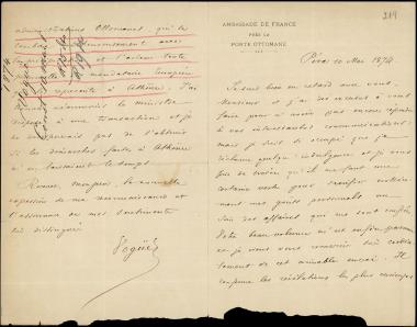 Letter sent by Vogüe, ? to Schliemann, Heinrich, 1874