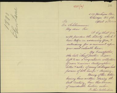 Letter sent by Lane, Eben to Schliemann, Heinrich, 1880