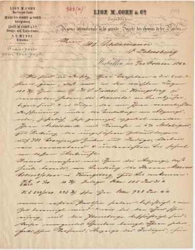 Letter sent by Cohn, Lion M. & Co. to Schliemann, Heinrich, 1862
