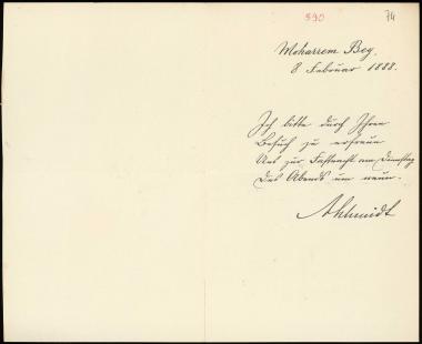 Letter sent by Ahhmitt, ? to Schliemann, Heinrich, 1888