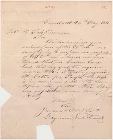 Letter sent by Maynard & Fishwicks to Schliemann, Heinrich, 1861