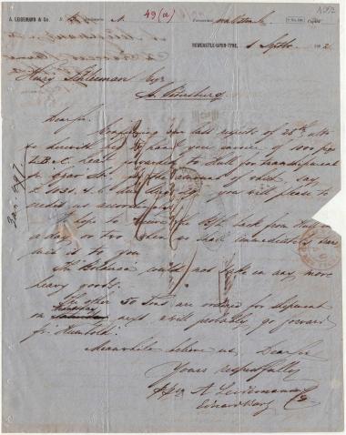 Letter sent by Leidemann, A. & Co. to Schliemann, Heinrich, 1862