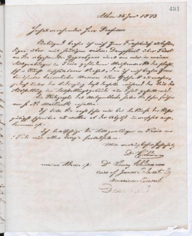 Copy of letter by Schliemann, Heinrich to Curtius, Ernst W. 1873