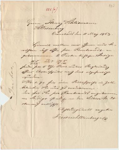 Letter sent by Winberg, Friedrich & Co. to Schliemann, Heinrich, 1863