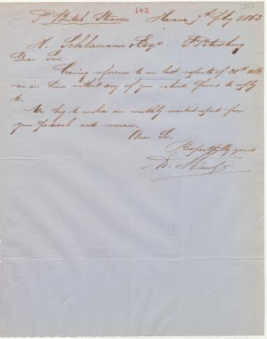 Letter sent by Meert, Edmund & Co. to Schliemann, Heinrich, 1863