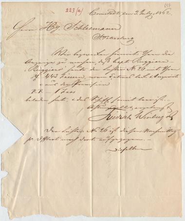 Letter sent by Winberg, Friedrich & Co. to Schliemann, Heinrich, 1862