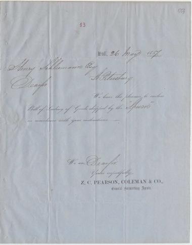 Letter sent by Pearson, Coleman & Co. to Schliemann, Heinrich, 1857