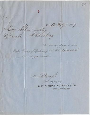 Letter sent by Pearson, Coleman & Co. to Schliemann, Heinrich, 1857