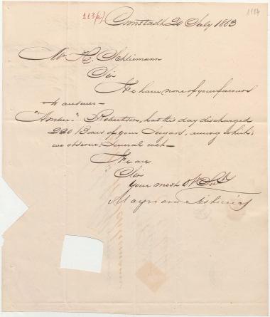 Letter sent by Maynard & Fishwicks to Schliemann, Heinrich, 1863