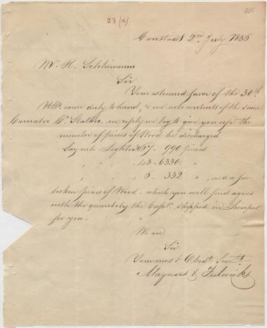 Letter sent by Maynard & Fishwicks to Schliemann, Heinrich, 1856