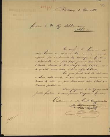 Letter sent by Schliemann & Co. to Schliemann, Heinrich, 1881