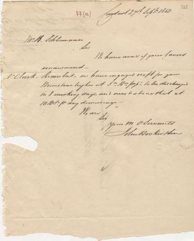 Letter sent by Booker, John & Son to Schliemann, Heinrich, 1850