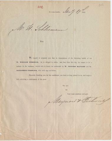 Letter sent by Maynard & Fishwicks to Schliemann, Heinrich, 1863