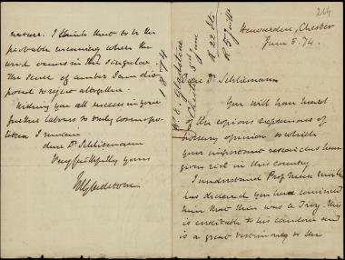 Letter sent by Gladstone, William Ewart  to Schliemann, Heinrich, 1874