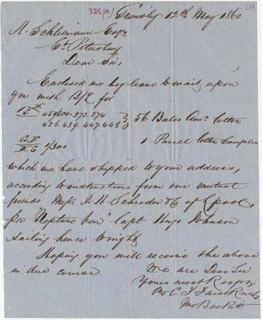 Letter sent by Faulkner, C. F. & Co. to Schliemann, Heinrich, 1860