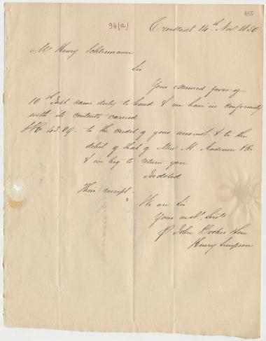 Letter sent by Booker, John & Son to Schliemann, Heinrich, 1850