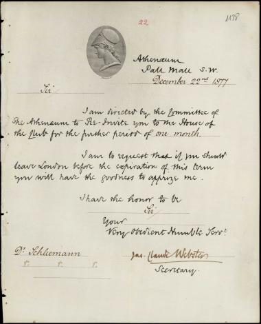 Letter sent by Athenaeum Club to Schliemann, Heinrich, 1877