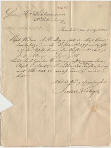 Letter sent by Winberg, Friedrich & Co. to Schliemann, Heinrich, 1853