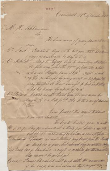Letter sent by Booker, John & Son to Schliemann, Heinrich, 1853