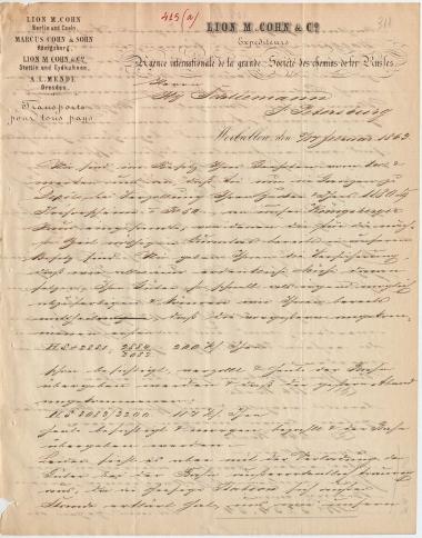Letter sent by Cohn, Lion M. & Co. to Schliemann, Heinrich, 1863