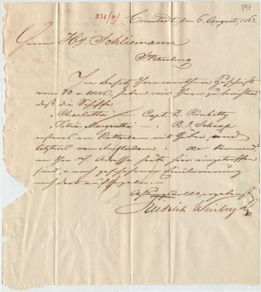 Letter sent by Winberg, Friedrich & Co. to Schliemann, Heinrich, 1862