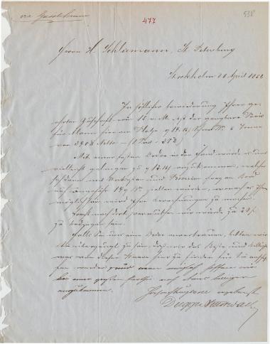 Letter sent by Dugge & Setterwall to Schliemann, Heinrich, 1856