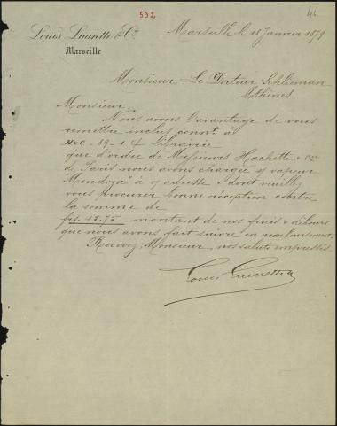 Letter sent by Laurette, Louis & Co. to Schliemann, Heinrich, 1879