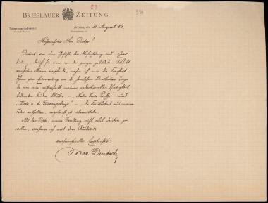 Letter sent by Deutscher, Max to Schliemann, Heinrich, 1884