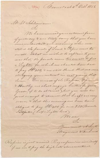 Letter sent by Maynard & Fishwicks to Schliemann, Heinrich, 1856