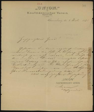 Letter sent by Union Kaüfmannischer Verein to Schliemann, Heinrich, 1881