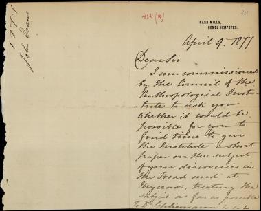Letter sent by Evans, John M. to Schliemann, Heinrich, 1877