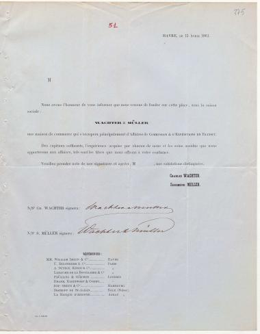 Letter sent by Wachter, Charles and Muller, Sigismond to Schliemann, Heinrich, 1861