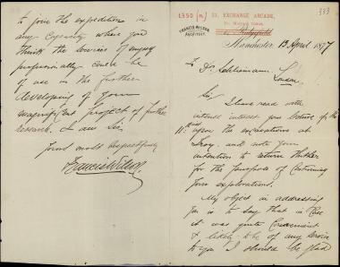 Letter sent by Wilson, Francis to Schliemann, Heinrich, 1877