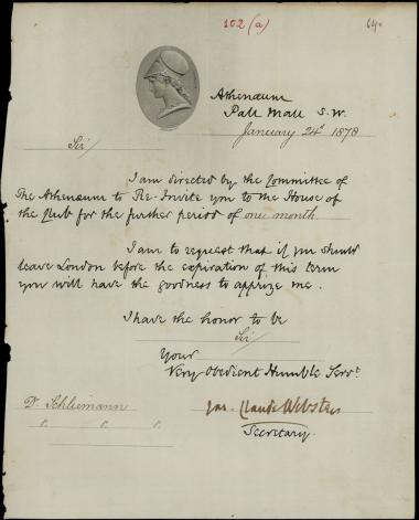 Letter sent by Athenaeum Club to Schliemann, Heinrich, 1878