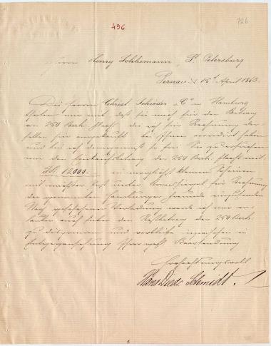 Letter sent by Schmidt, Hans Diedr. to Schliemann, Heinrich, 1863