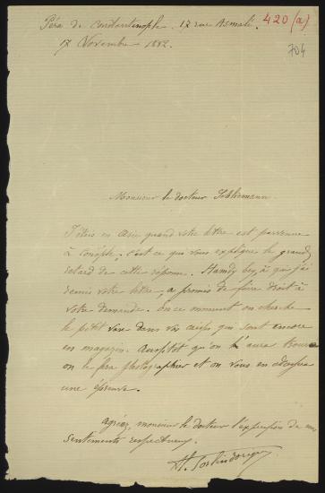 Letter sent by Dorigny, Al.  to Schliemann, Heinrich, 1882