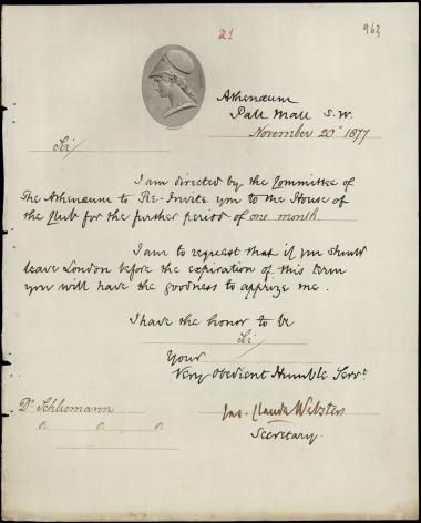Letter sent by Athenaeum Club to Schliemann, Heinrich, 1877
