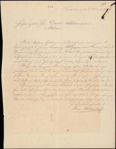 Letter sent by Stoltenhoff, August to Schliemann, Heinrich, 1888