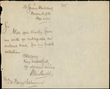 Letter sent by Arnold, Allen to Schliemann, Heinrich, 1885