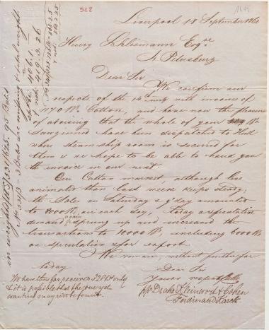 Letter sent by Drake, Kleinwort & Cohen to Schliemann, Heinrich, 1860