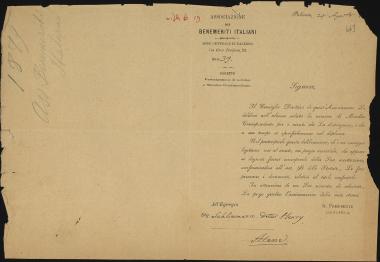 Letter sent by Associazione dei Benemeriti Italiani to Schliemann, Heinrich, 1879