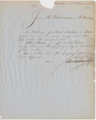 Letter sent by Kronenberg, Stanislaw & Co. to Schliemann, Heinrich, 1856