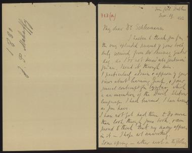 Letter sent by Mahaffy, John Pentland to Schliemann, Heinrich, 1880