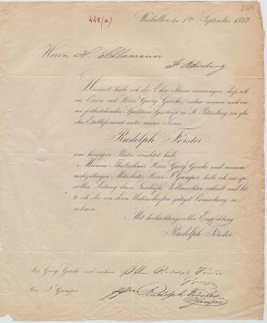 Letter sent by Förster, Rudolph and Gercke, G. to Schliemann, Heinrich, 1862