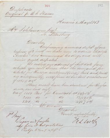Letter sent by Fesser, F. & Co. to Schliemann, Heinrich, 1863
