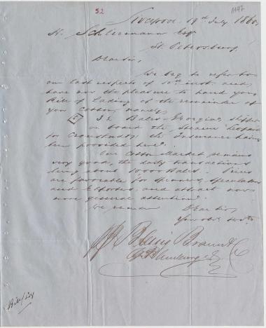Letter sent by Blessig Braun & Co. to Schliemann, Heinrich, 1860