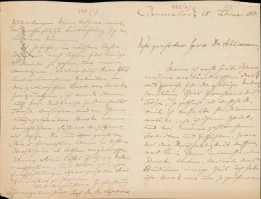 Letter sent by Lepsius, Karl Richard to Schliemann, Heinrich, 1884