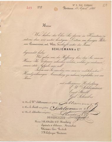 Letter sent by Schliemann, Ernst Wilhelm, Schreiber, C. and Stiedl, Ernst to Schliemann, Heinrich, 1866