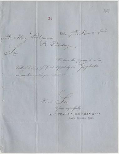 Letter sent by Pearson, Coleman & Co. to Schliemann, Heinrich, 1856