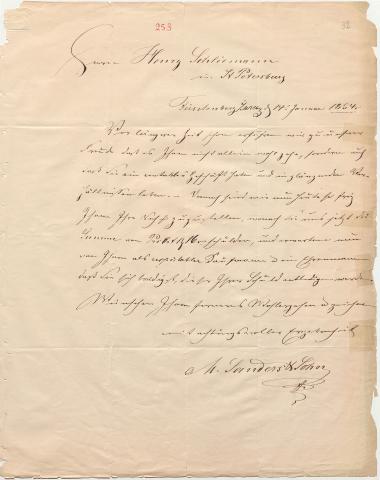 Letter sent by Sanders, M. & Son to Schliemann, Heinrich, 1854